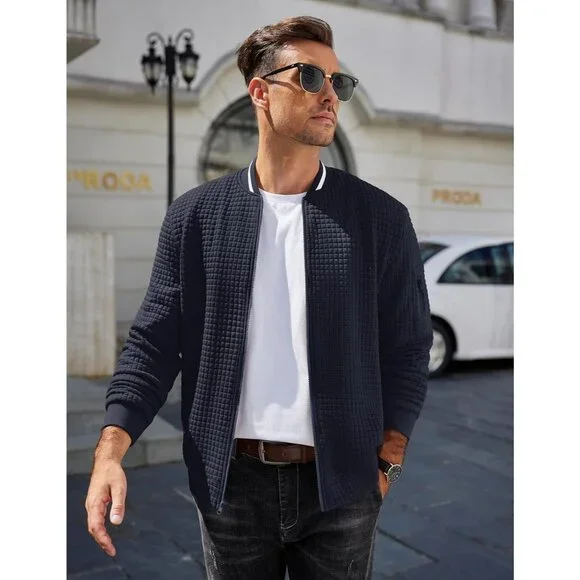 Men's Sweatshirt Bomber Jacket Navy Blue Casual Zip Up Waffle Knit Lightweight